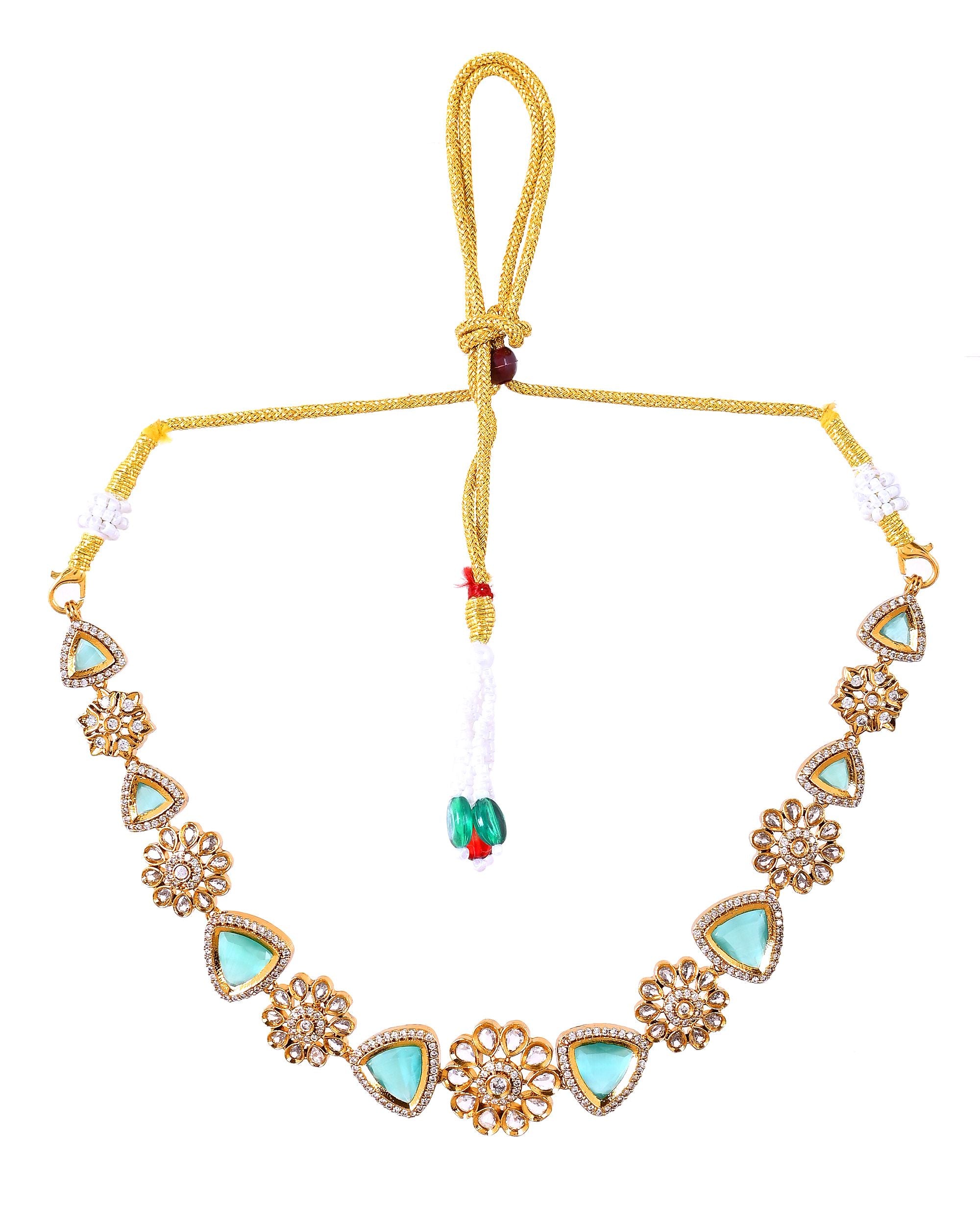 VOJ Gold Tone Floral With Teal Green Stone Ad Necklace Set