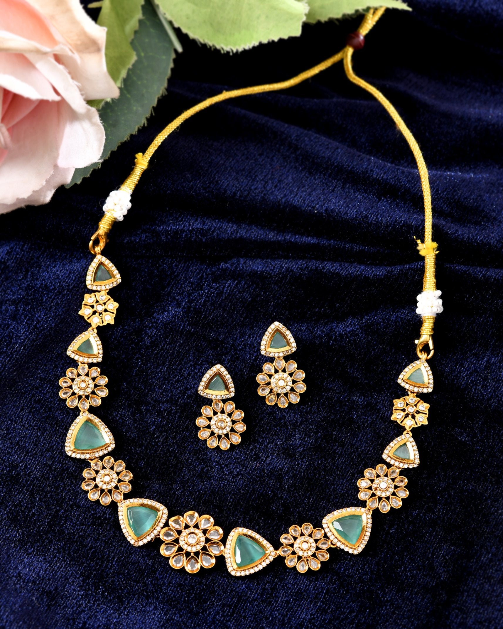 VOJ Gold Tone Floral With Teal Green Stone Ad Necklace Set - Dista
