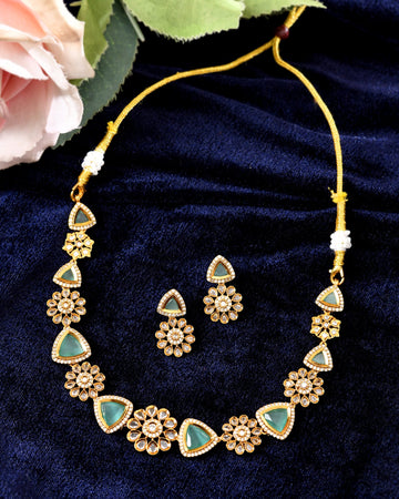 VOJ Gold Tone Floral With Teal Green Stone Ad Necklace Set - Dista