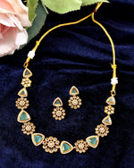 Thumbnail for VOJ Gold Tone Floral With Teal Green Stone Ad Necklace Set