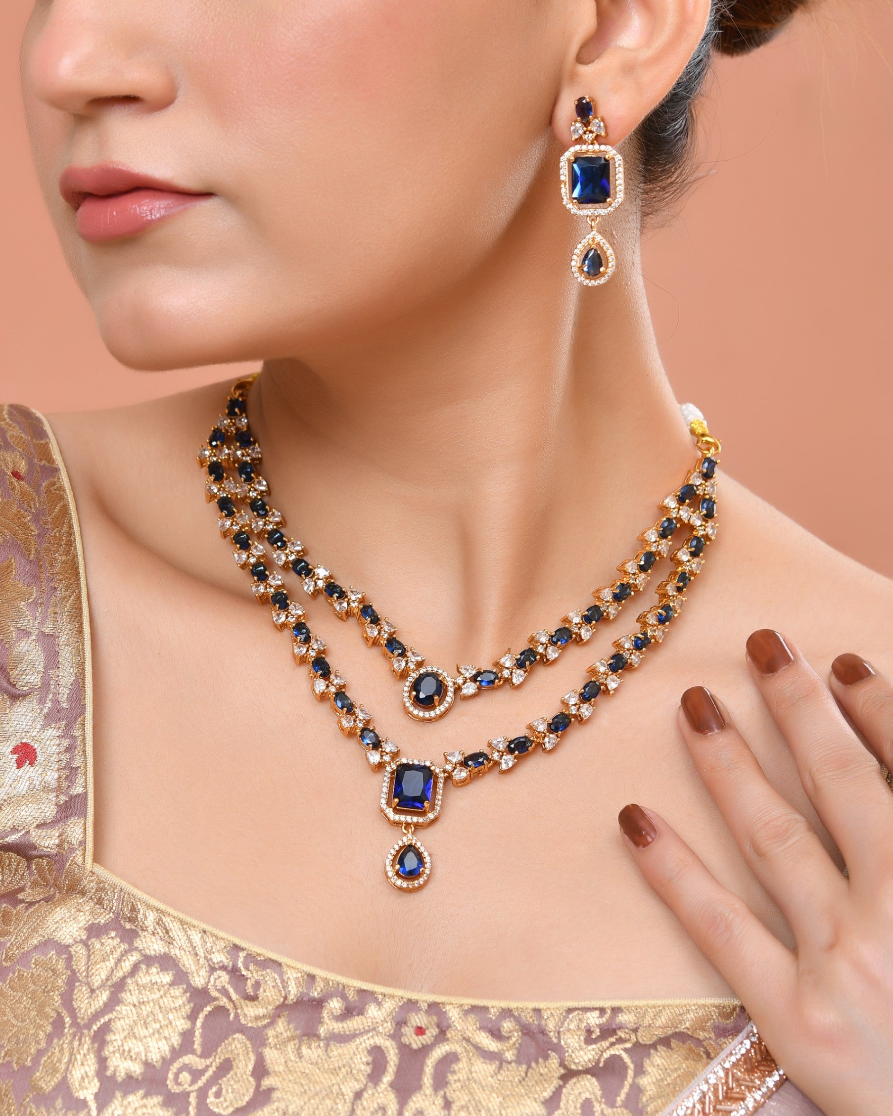 VOJ Gold Plated Dual Layer Blue Stone Studded Jewellery Set - Dista