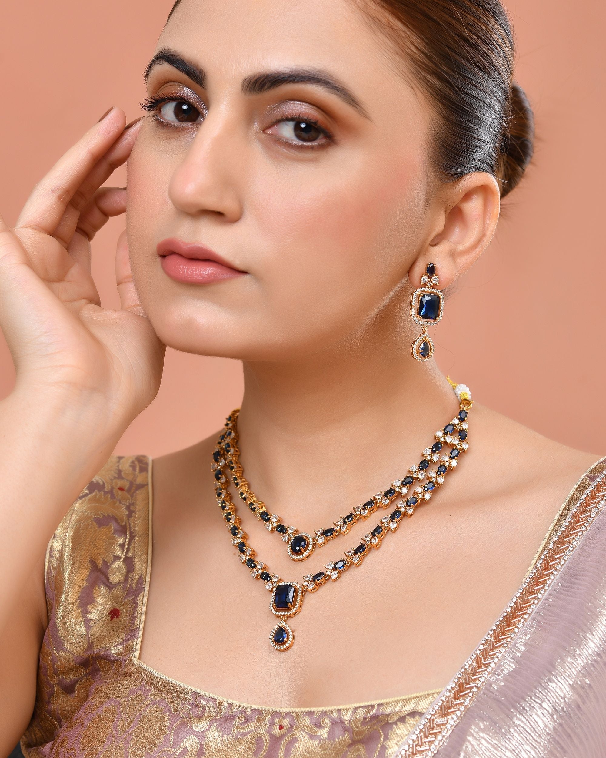 VOJ Gold Plated Dual Layer Blue Stone Studded Jewellery Set - Dista