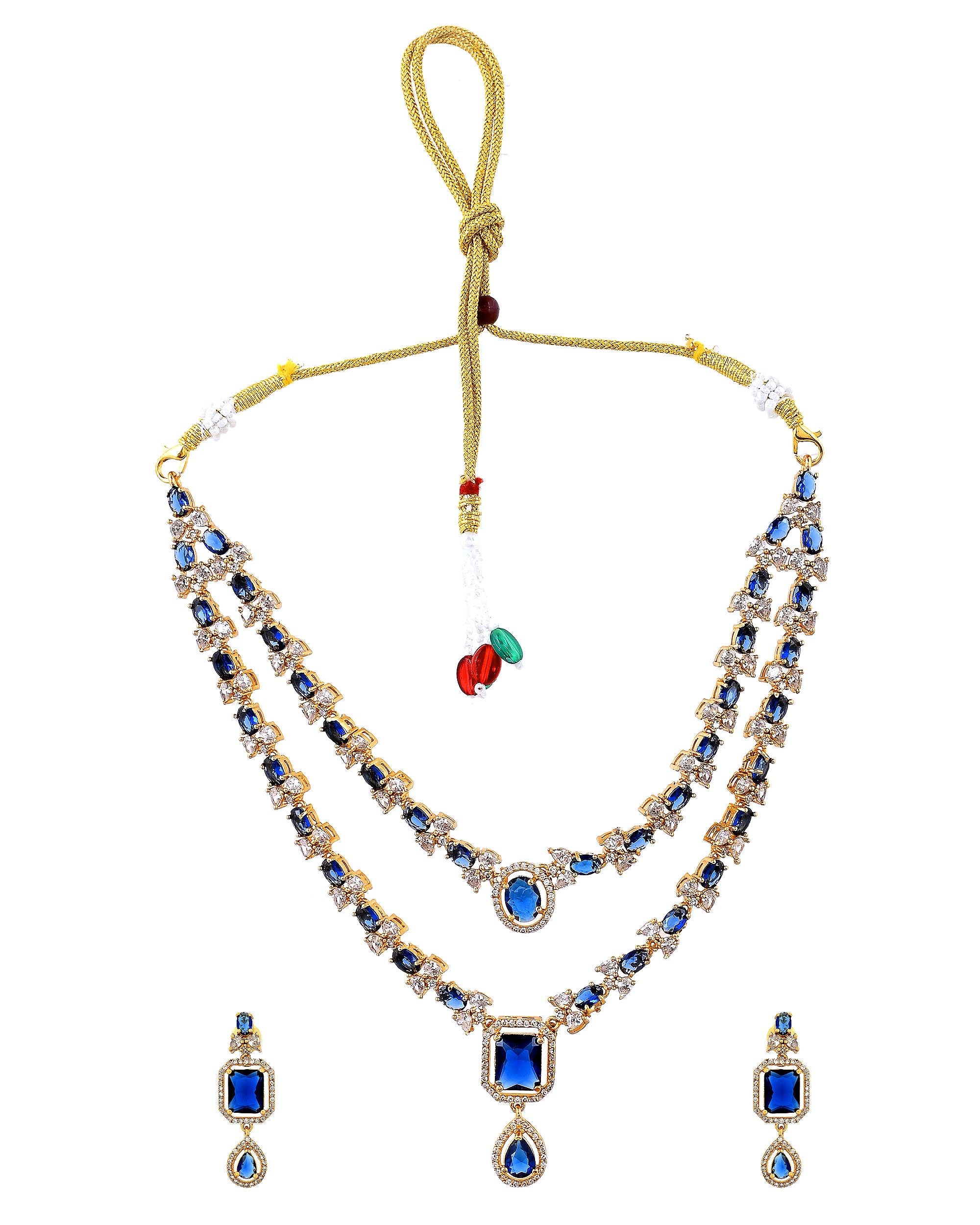 VOJ Gold Plated Dual Layer Blue Stone Studded Jewellery Set - Dista