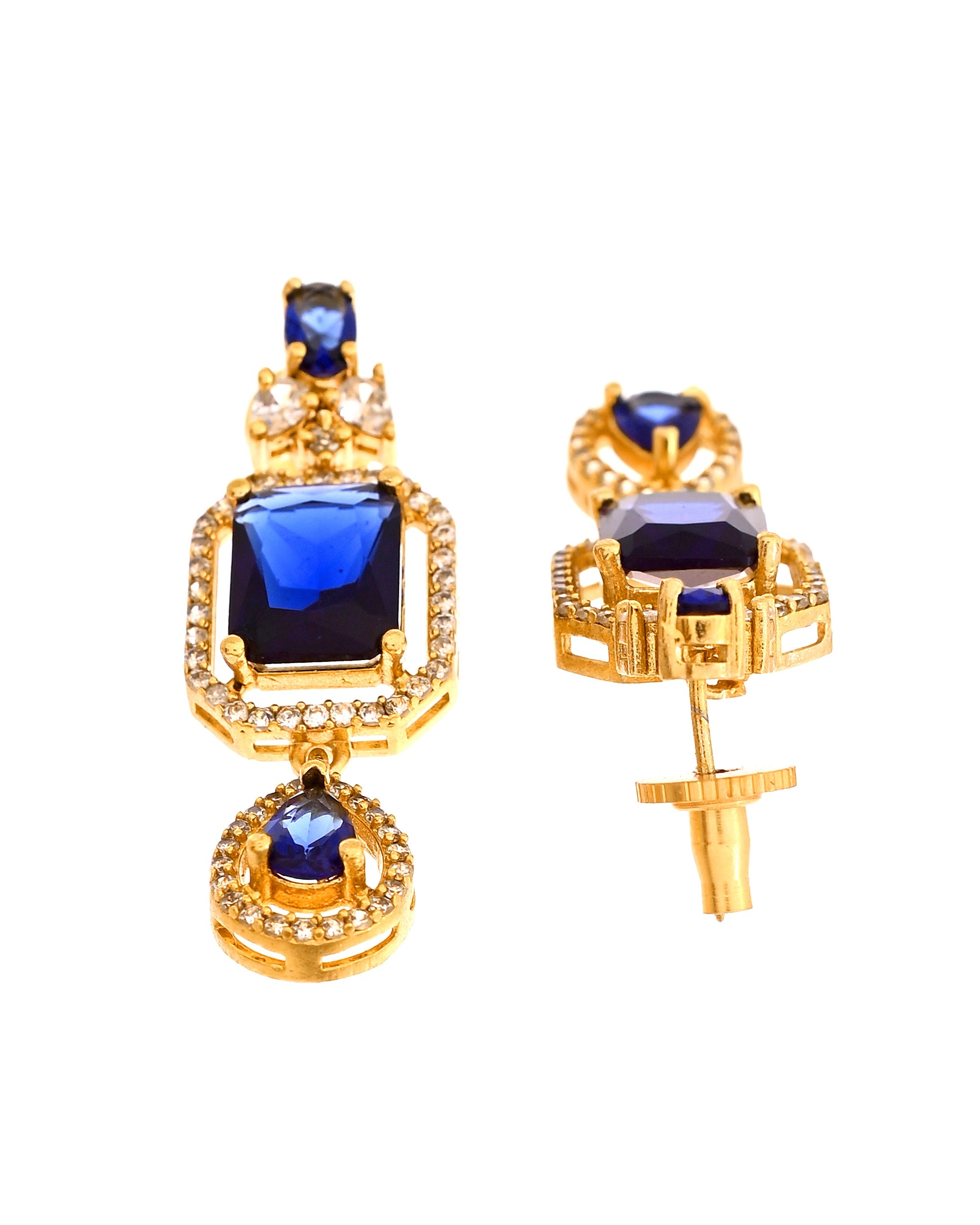 VOJ Gold Plated Dual Layer Blue Stone Studded Jewellery Set - Dista