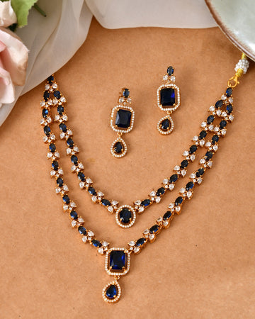 VOJ Gold Plated Dual Layer Blue Stone Studded Jewellery Set - Dista