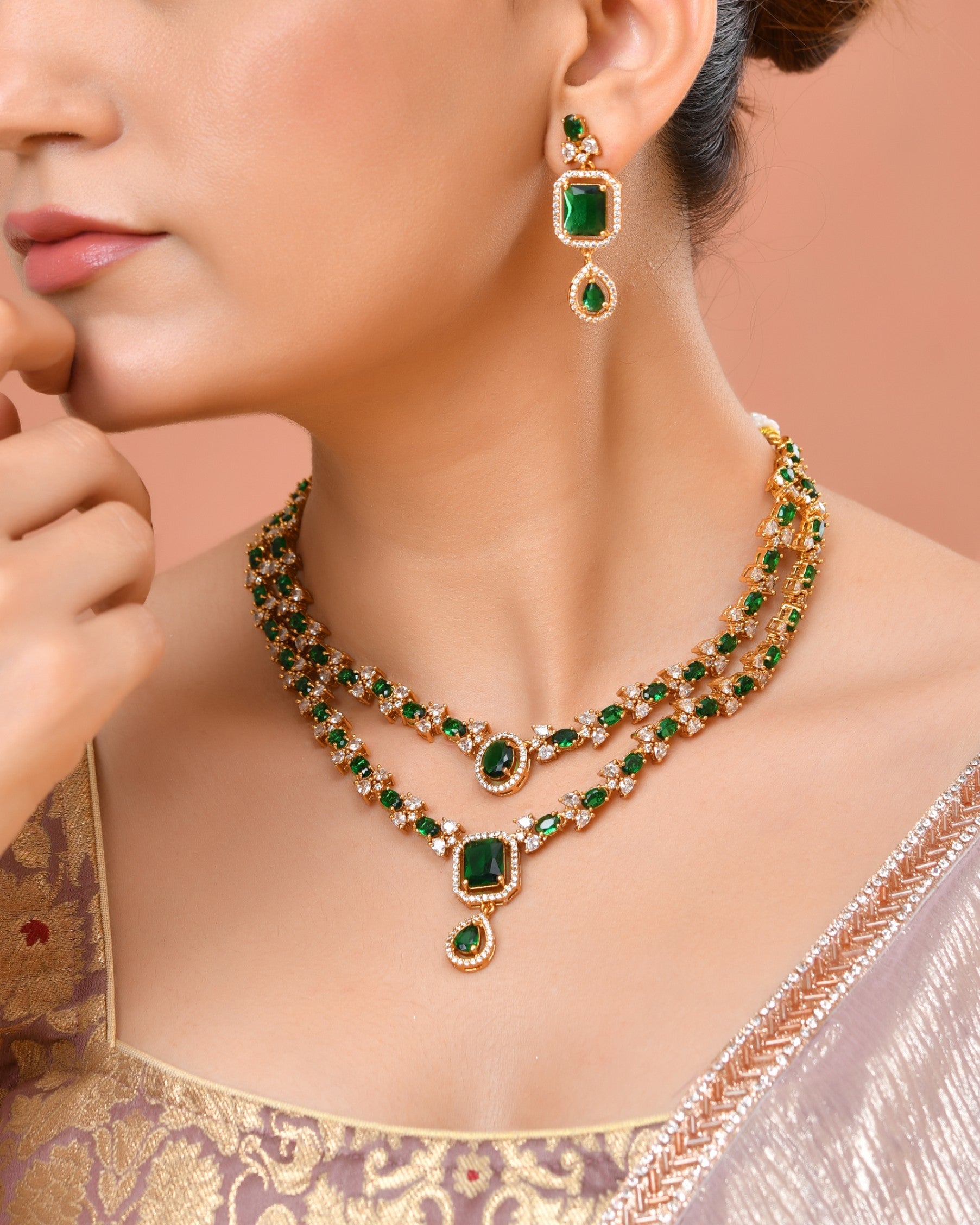 VOJ Gold Plated Dual Layer Green Stone Studded Jewellery Set - Dista