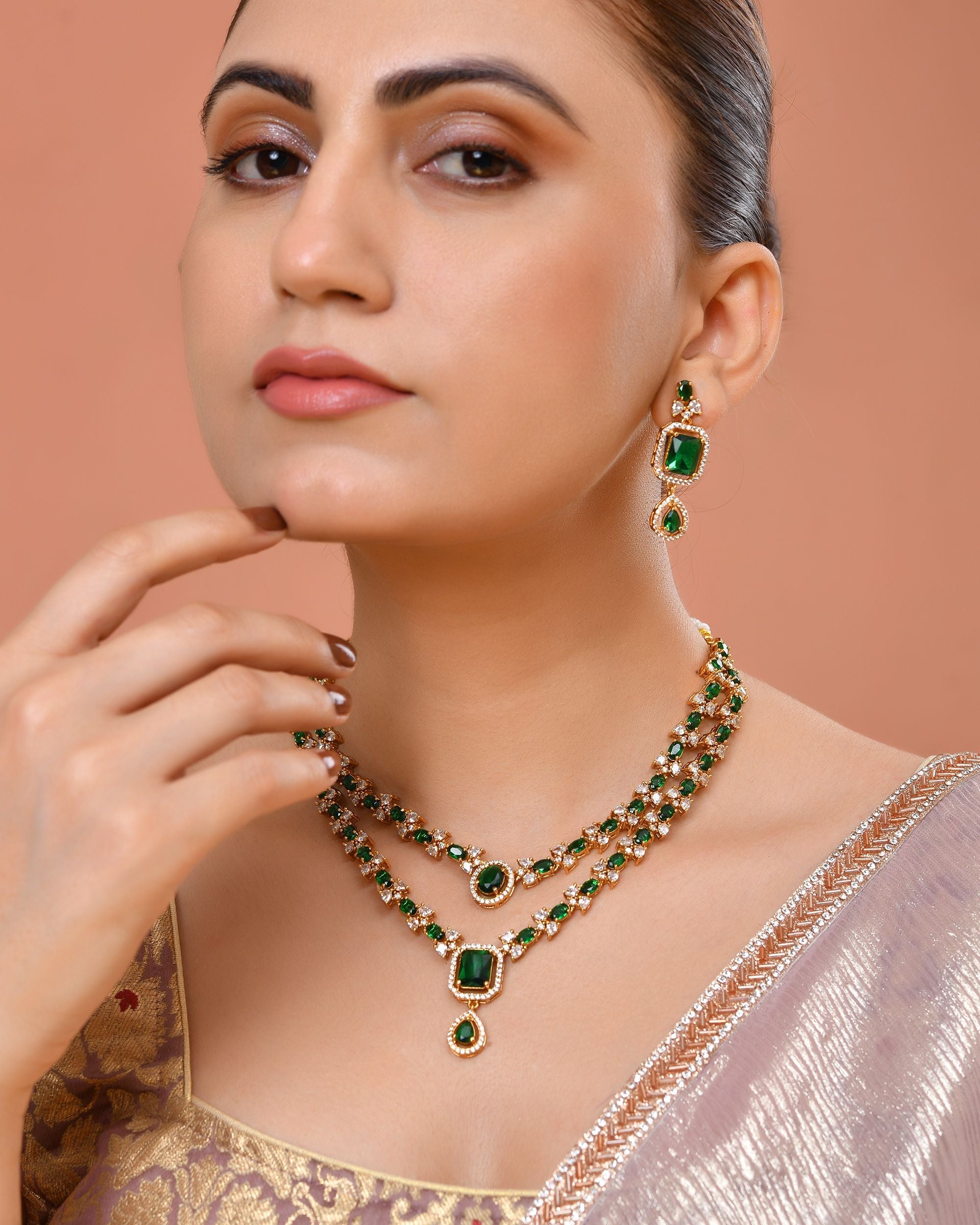 VOJ Gold Plated Dual Layer Green Stone Studded Jewellery Set - Dista