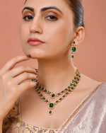 Thumbnail for VOJ Gold Plated Dual Layer Green Stone Studded Jewellery Set - Dista