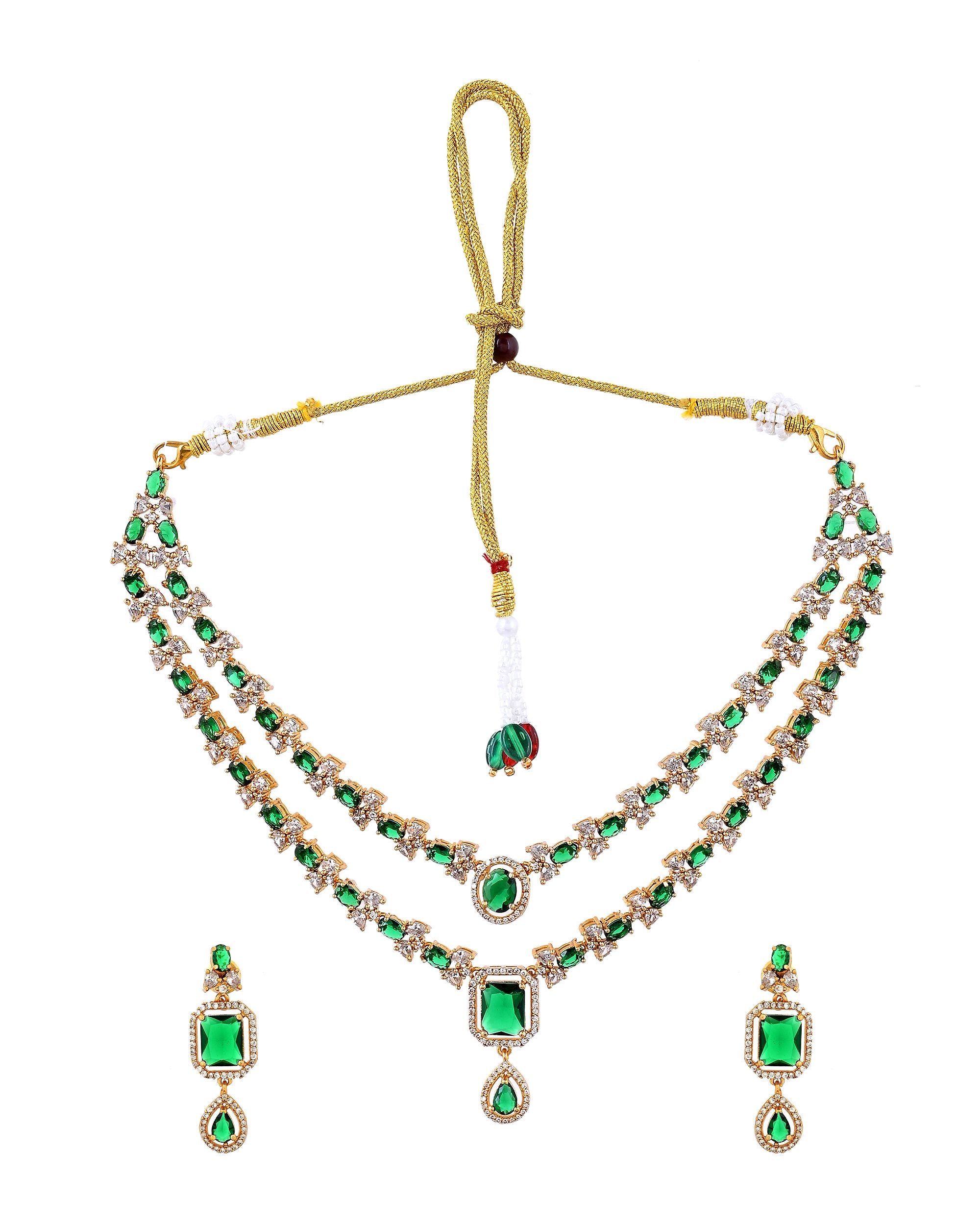 VOJ Gold Plated Dual Layer Green Stone Studded Jewellery Set - Dista