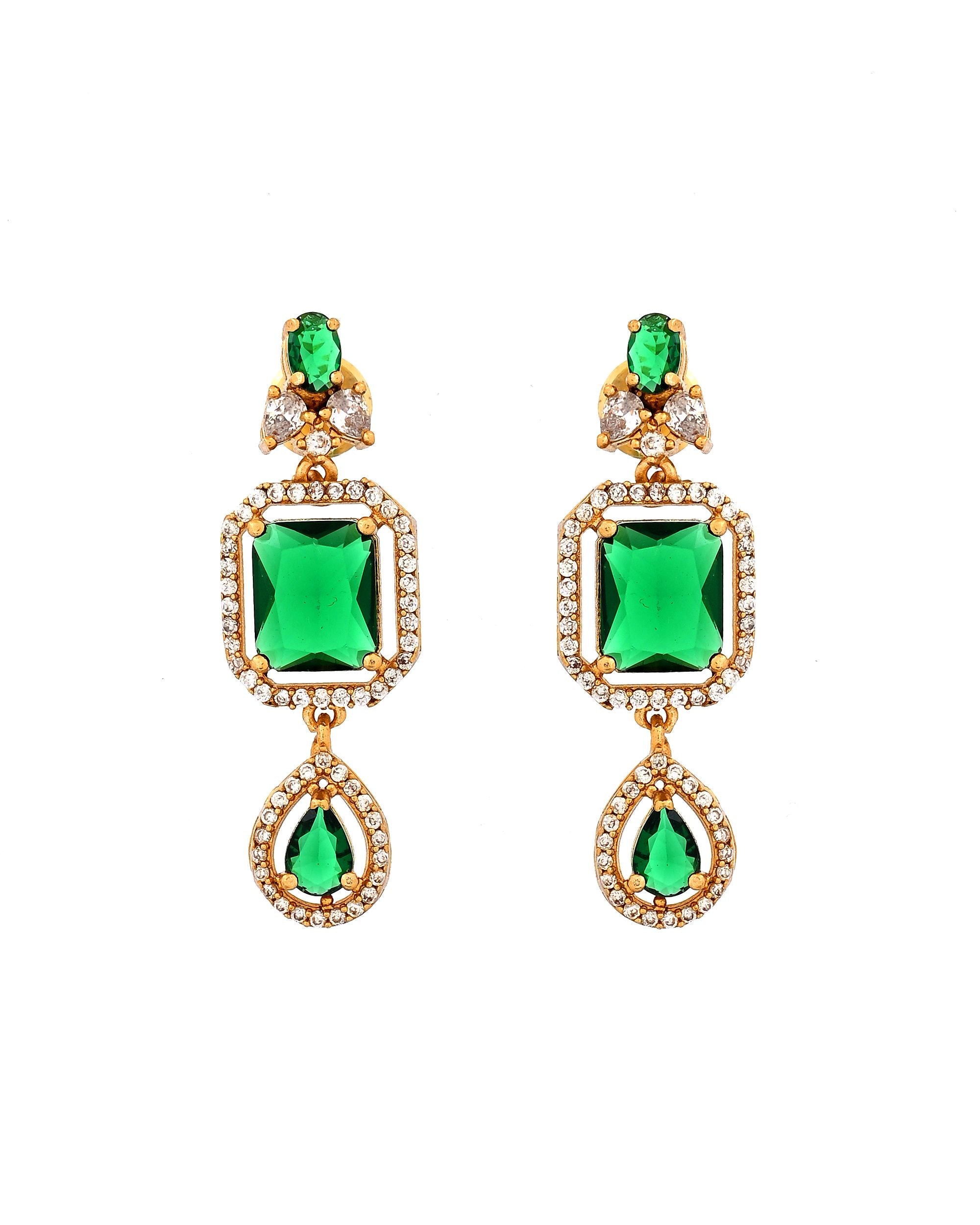VOJ Gold Plated Dual Layer Green Stone Studded Jewellery Set - Dista