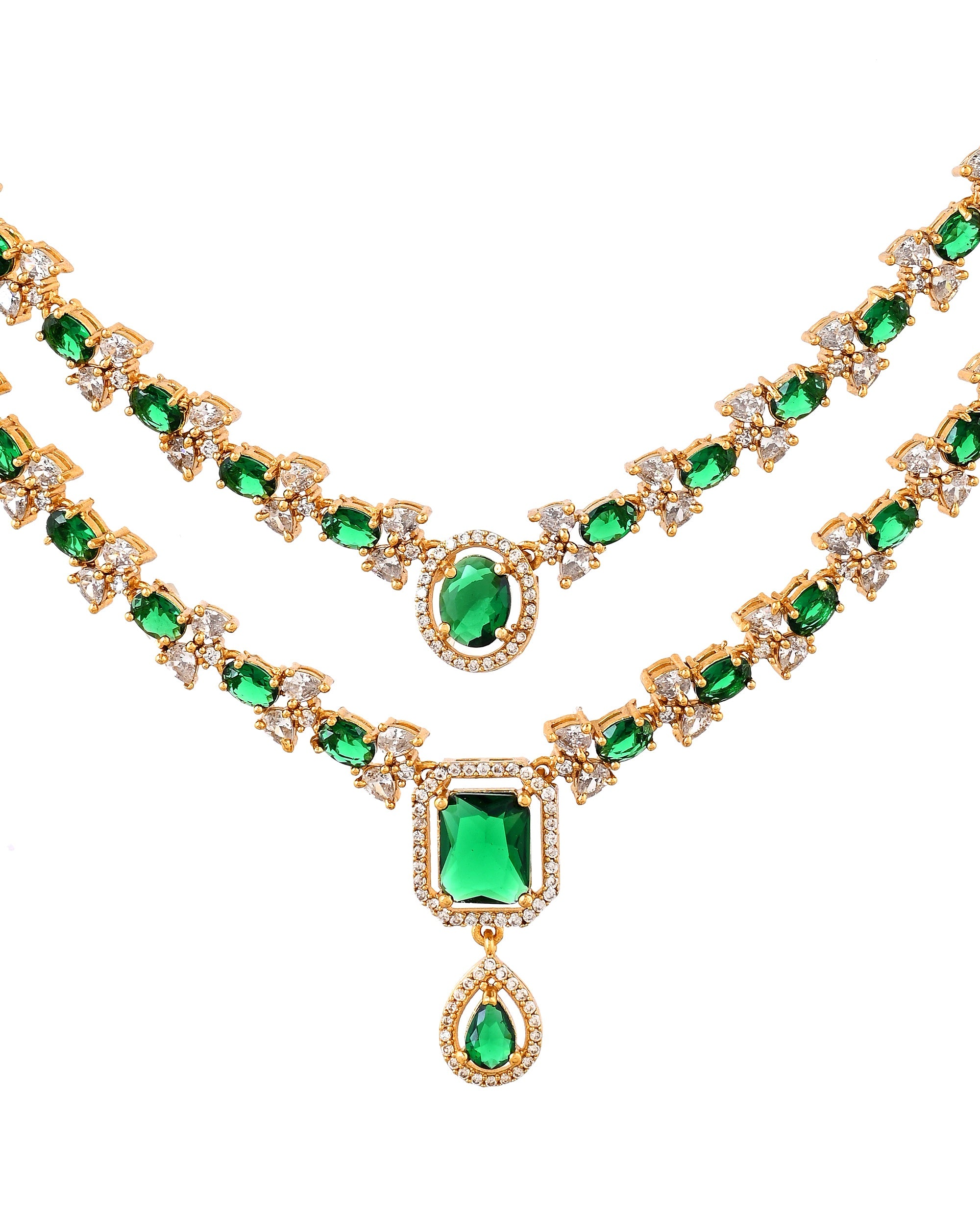 VOJ Gold Plated Dual Layer Green Stone Studded Jewellery Set - Dista