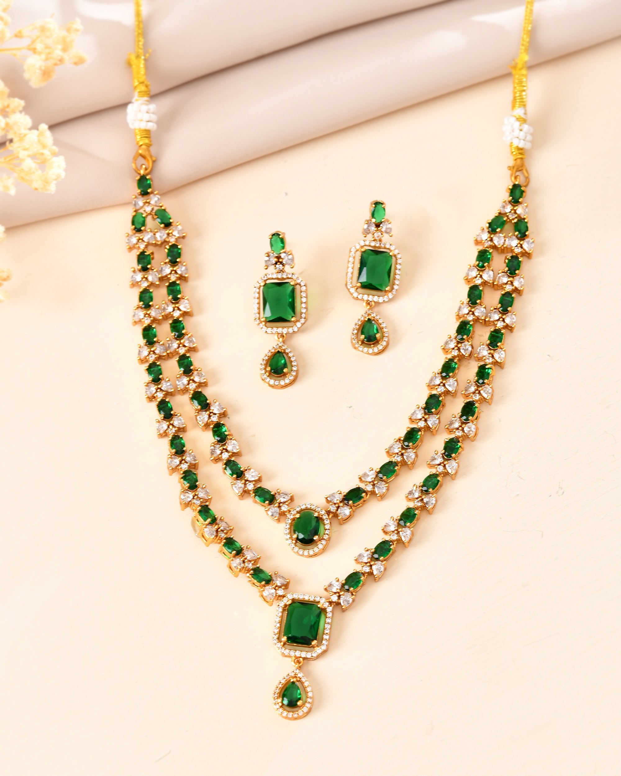 VOJ Gold Plated Dual Layer Green Stone Studded Jewellery Set