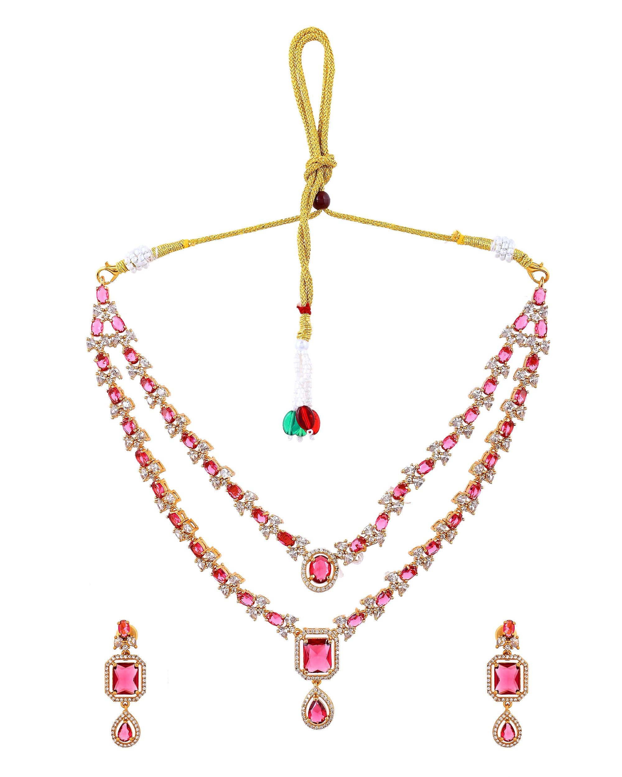 VOJ Gold Plated Dual Layer Ruby Red Stone Studded Jewellery Set