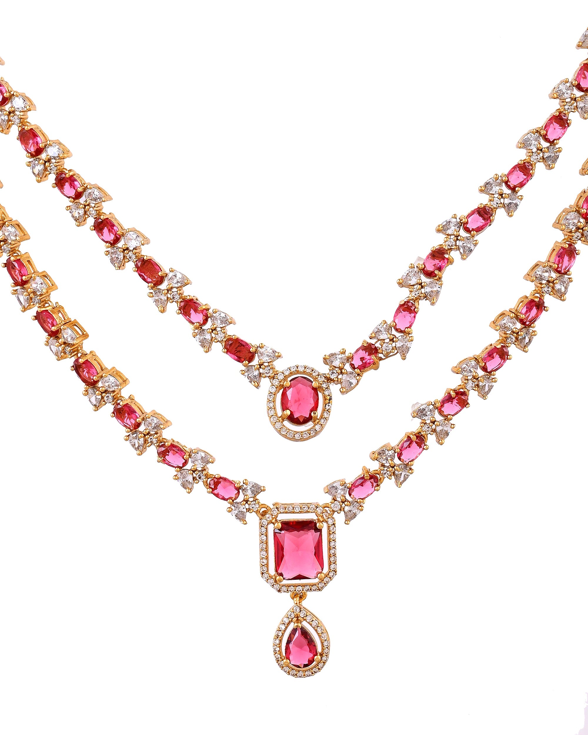 VOJ Gold Plated Dual Layer Ruby Red Stone Studded Jewellery Set