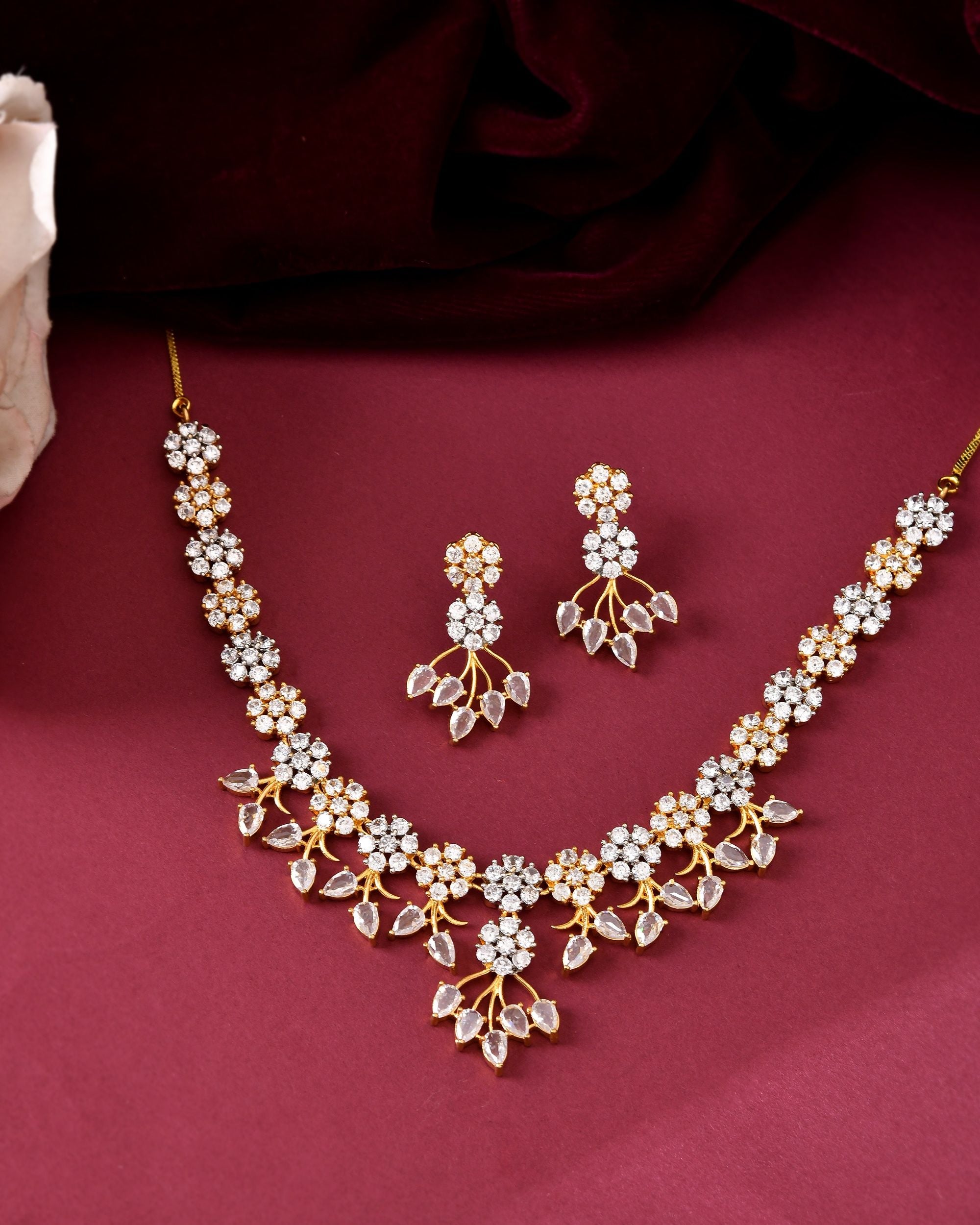 VOJ Gold-Toned Ad Stone Studded Floral Necklace & Earrings Jewellery Set