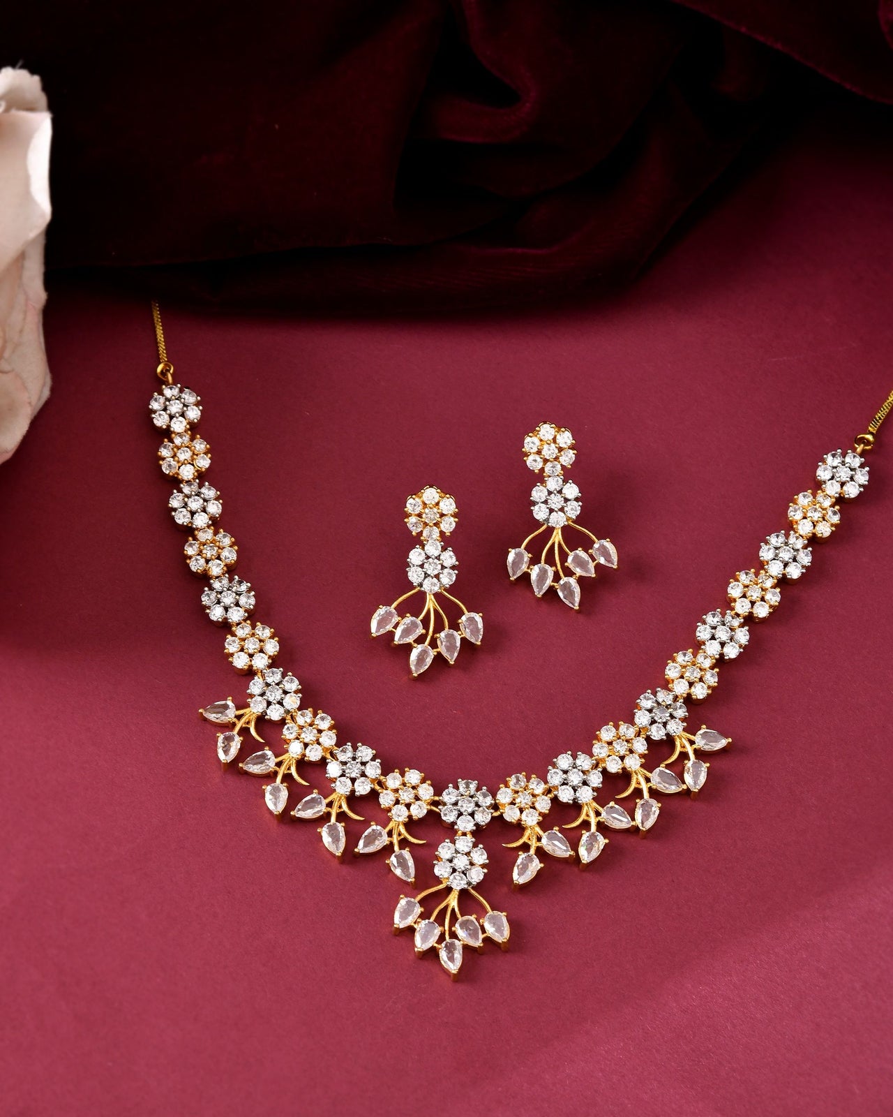VOJ Gold-Toned Ad Stone Studded Floral Necklace & Earrings Jewellery Set - Dista