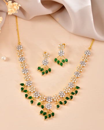 VOJ Gold-Toned Ad Stone Studded Floral Necklace & Earrings Set With Green Stone Drops - Dista