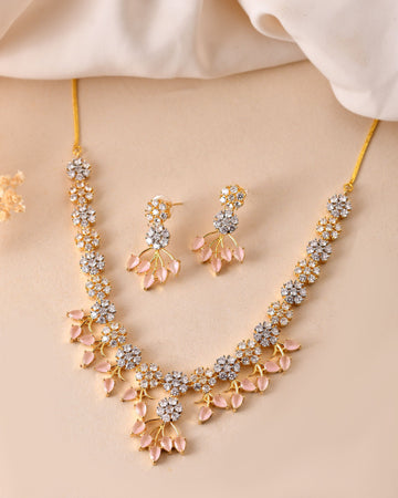 VOJ Gold-Toned Ad Stone Studded Floral Necklace & Earrings Set With Baby Pink Stone Drops - Dista
