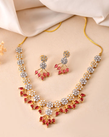 VOJ Gold-Toned Ad Stone Studded Floral Necklace & Earrings Set With Red Stone Drops - Dista