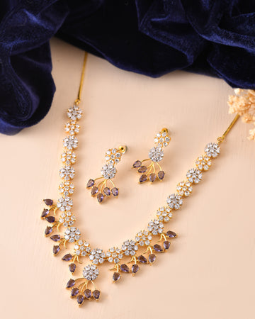 VOJ Gold-Toned Ad Stone Studded Floral Necklace & Earrings Set With Purple Stone Drops - Dista