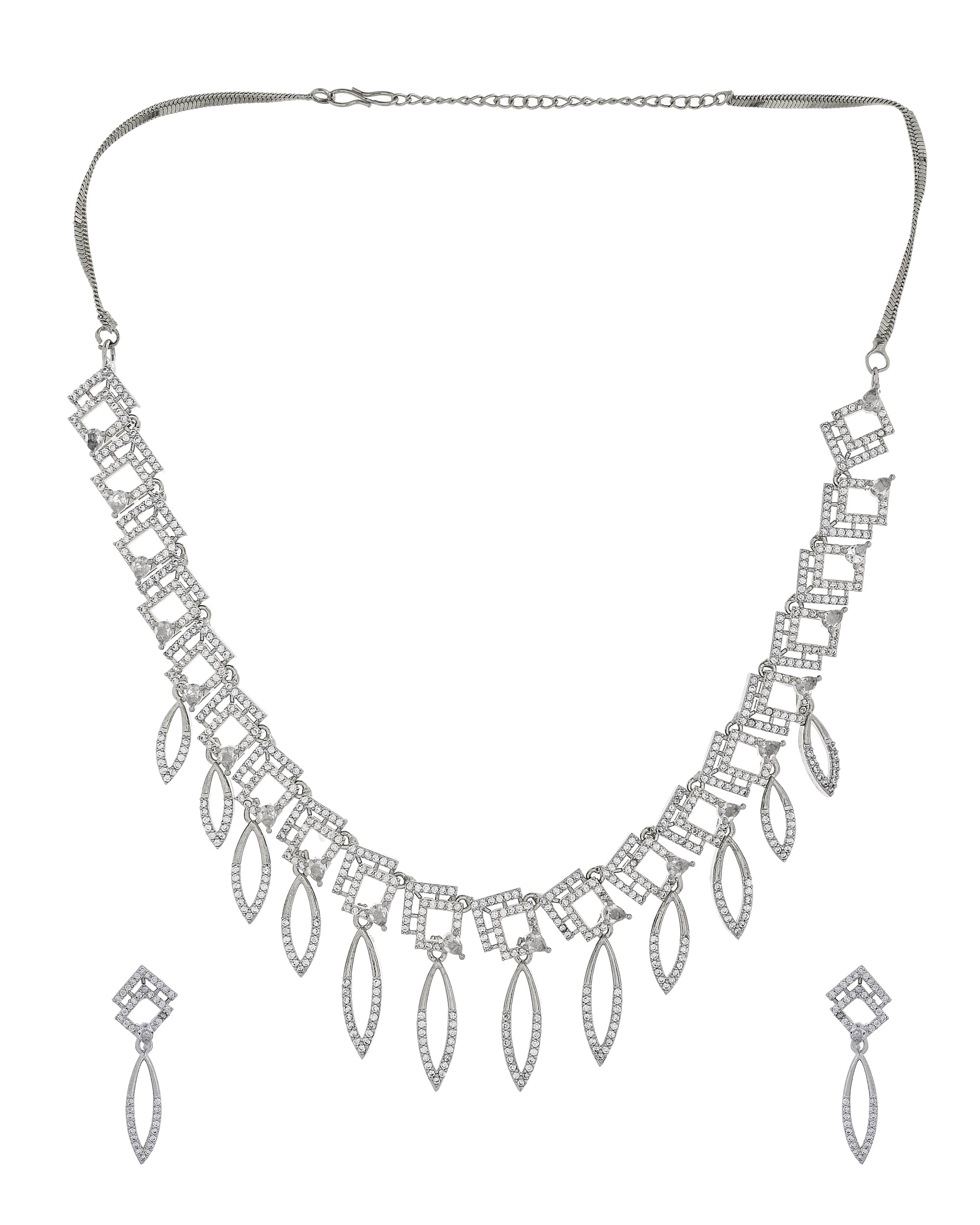 VOJ Silver Plated Ad Studded Square And Leaf Shaped Necklace Set