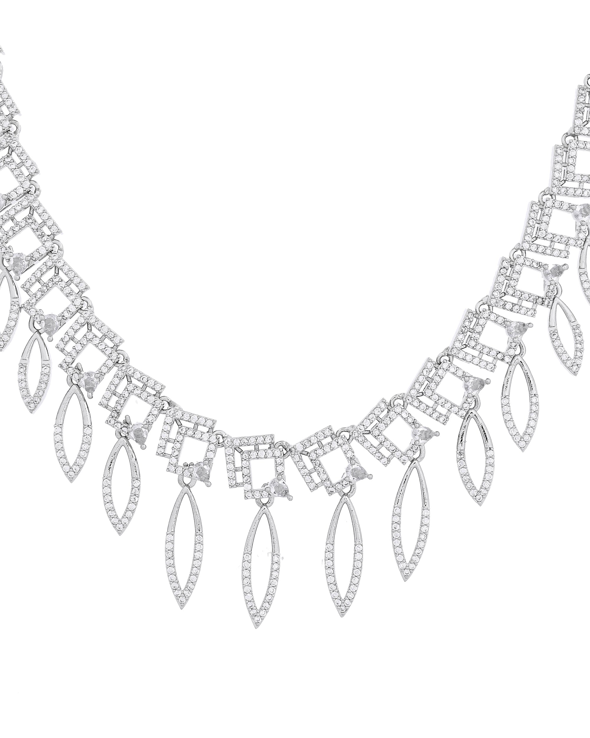 VOJ Silver Plated Ad Studded Square And Leaf Shaped Necklace Set