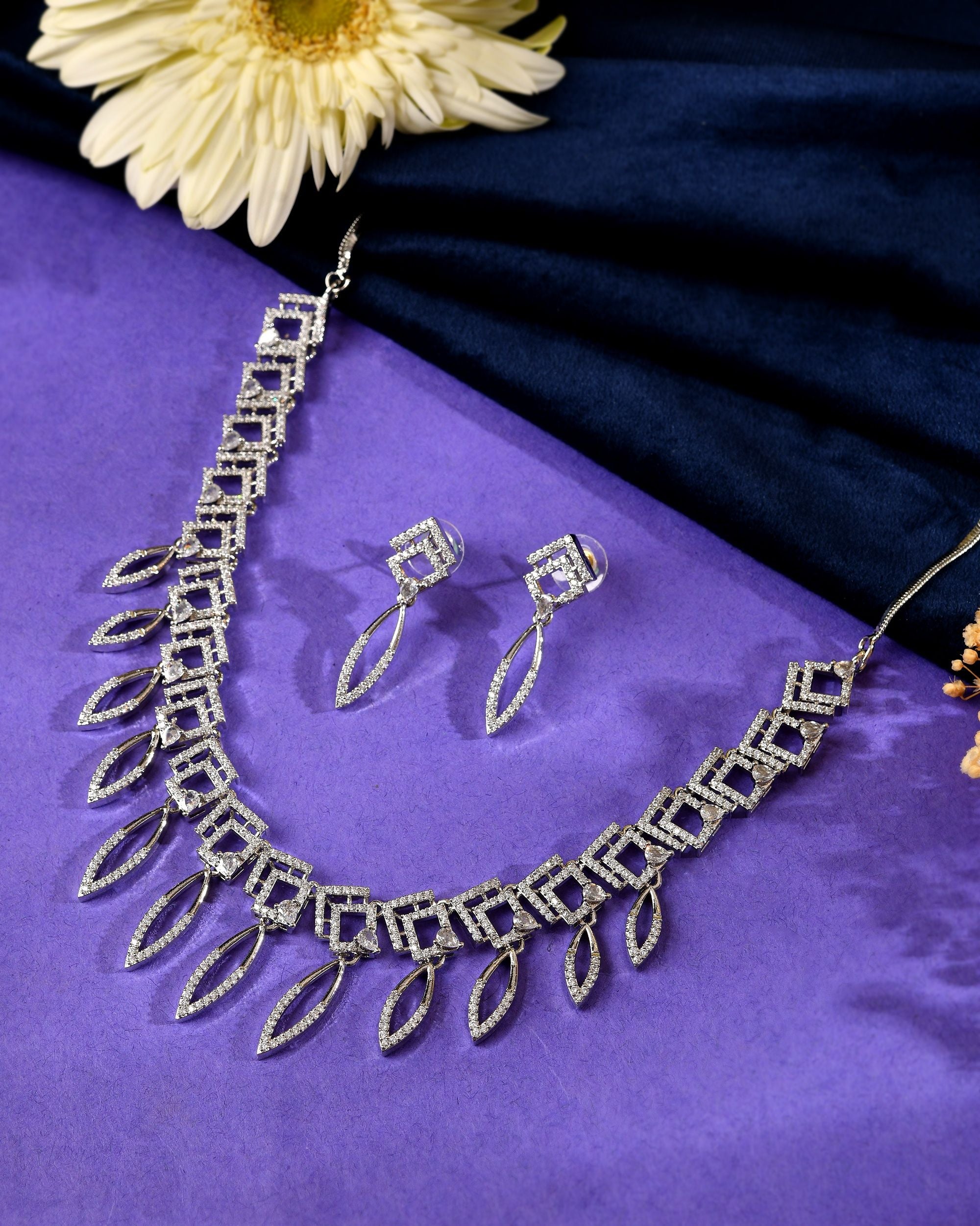 VOJ Silver Plated Ad Studded Square And Leaf Shaped Necklace Set - Dista