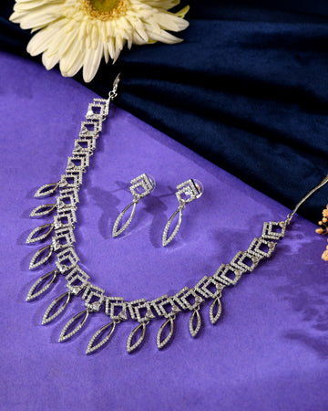 VOJ Silver Plated Ad Studded Square And Leaf Shaped Necklace Set - Dista