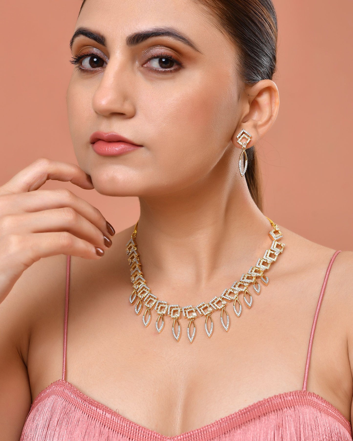 VOJ Gold Plated Ad Studded Square And Leaf Shaped Necklace Set - Dista
