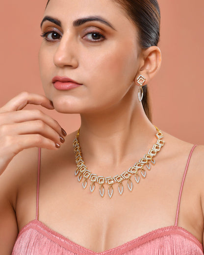 VOJ Gold Plated Ad Studded Square And Leaf Shaped Necklace Set - Dista