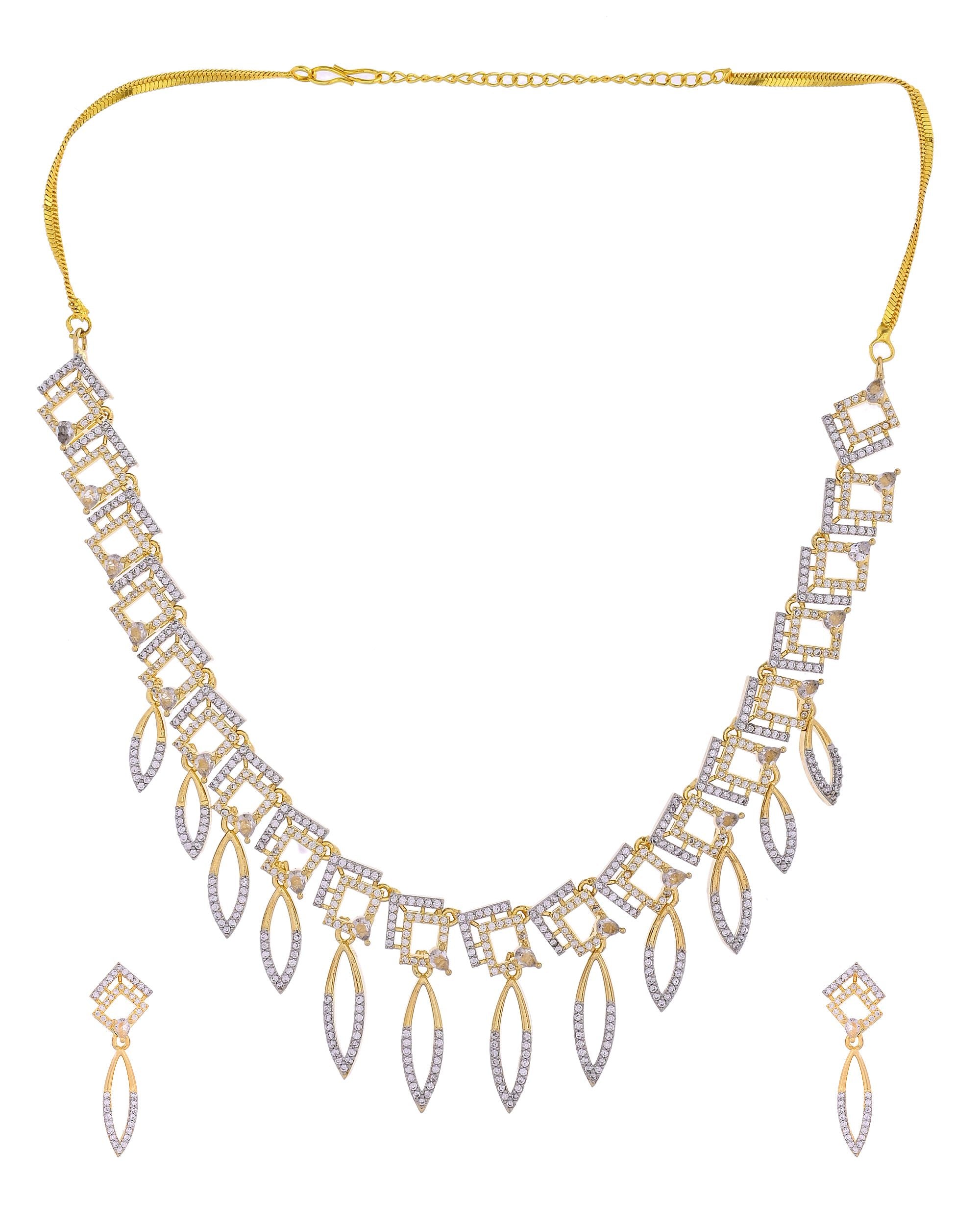 VOJ Gold Plated Ad Studded Square And Leaf Shaped Necklace Set - Dista
