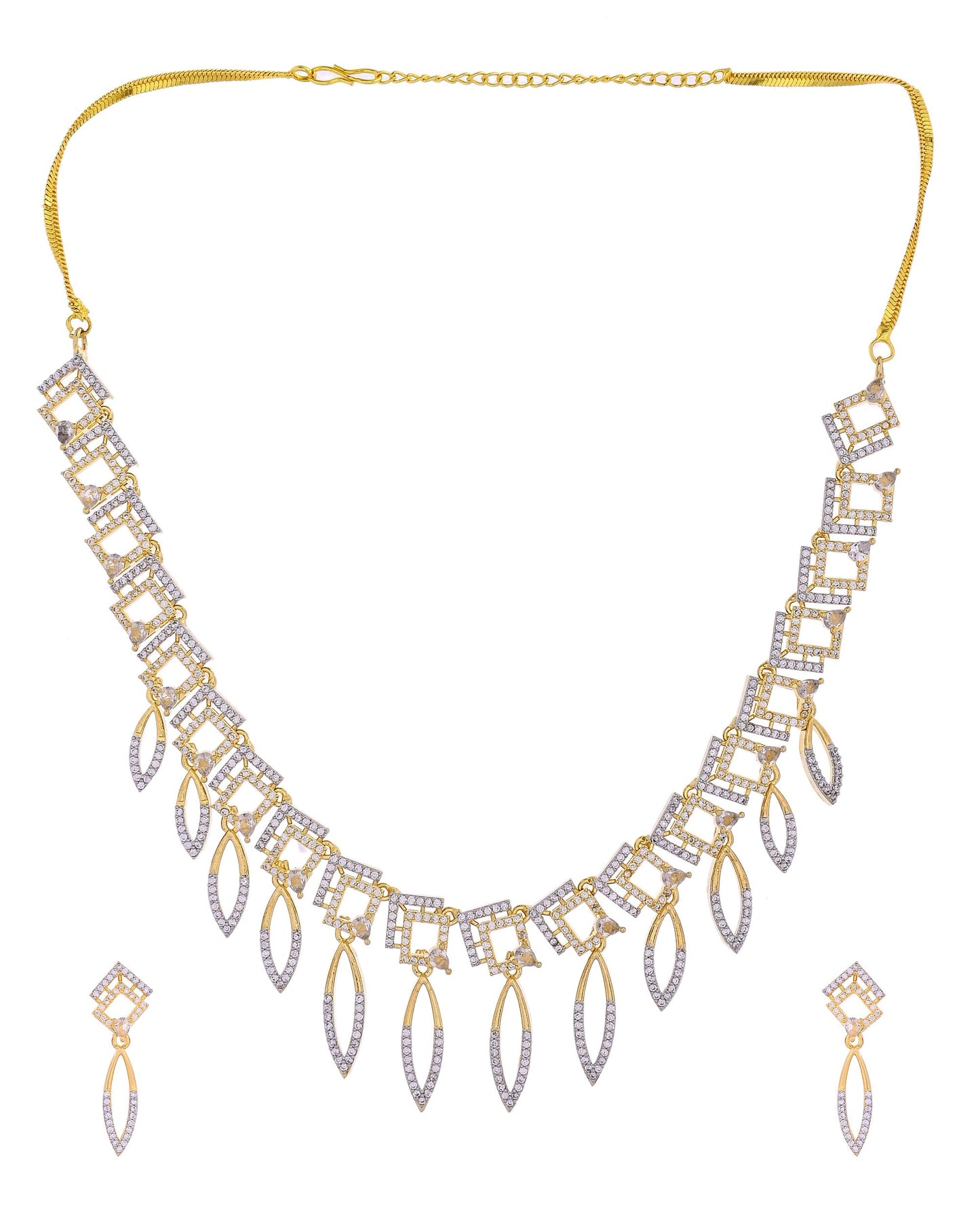 VOJ Gold Plated Ad Studded Square And Leaf Shaped Necklace Set - Dista