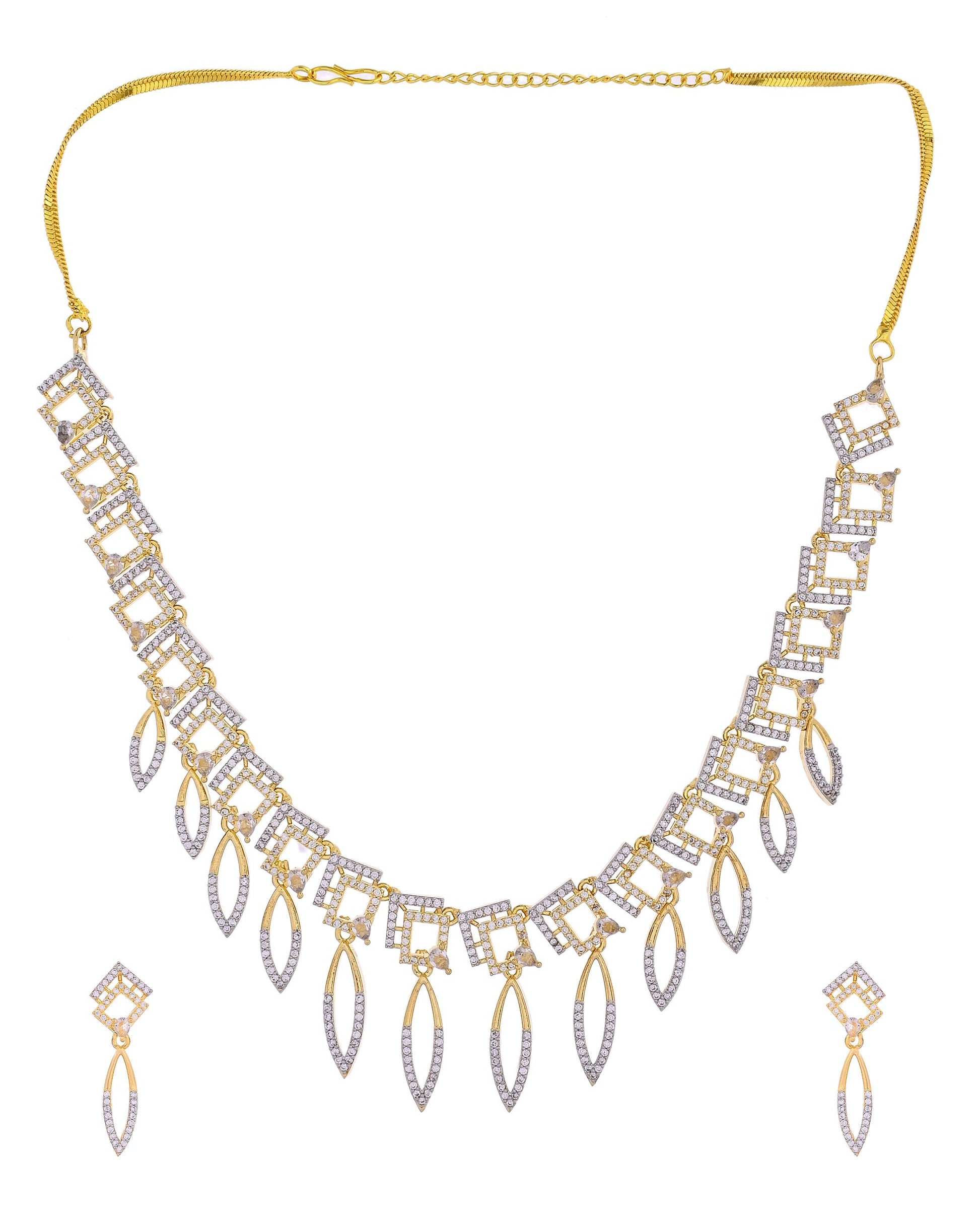 VOJ Gold Plated Ad Studded Square And Leaf Shaped Necklace Set - Dista