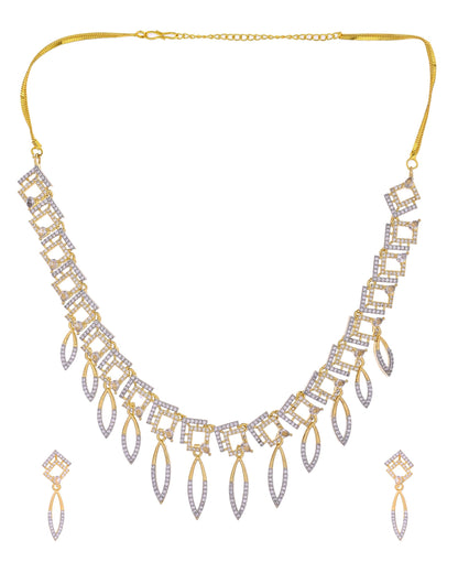 VOJ Gold Plated Ad Studded Square And Leaf Shaped Necklace Set - Dista