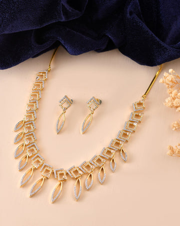 VOJ Gold Plated Ad Studded Square And Leaf Shaped Necklace Set - Dista