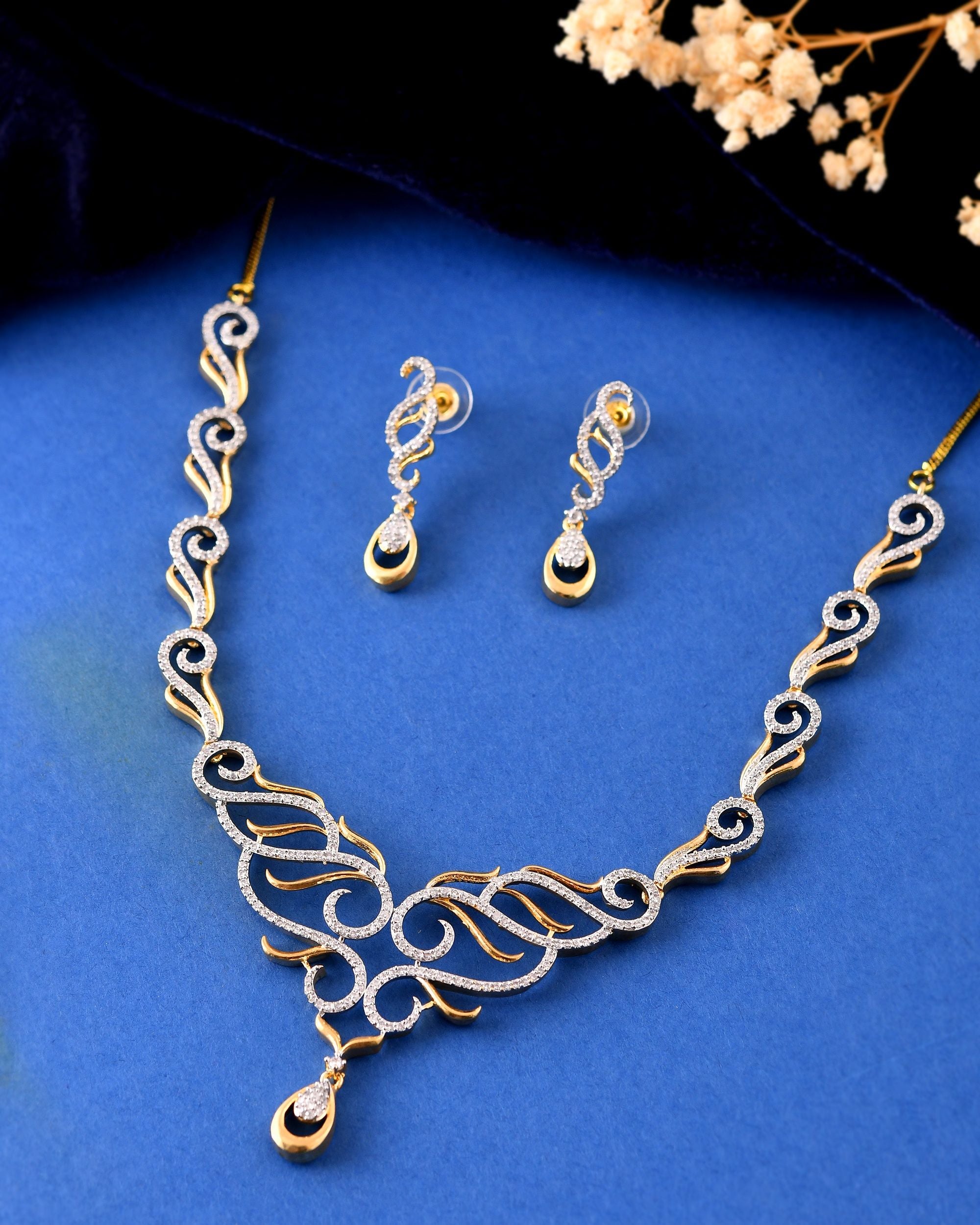 VOJ Gold Plated Designer Necklace With Earrings Ad Jewellery Set - Dista