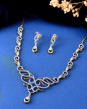 VOJ Gold Plated Designer Necklace With Earrings Ad Jewellery Set - Dista