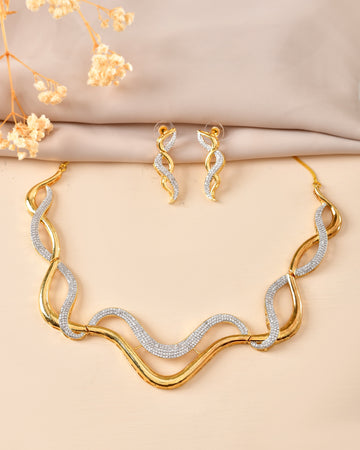 VOJ Gold Plated Waved Design Elegant Ad Jewellery Set - Dista