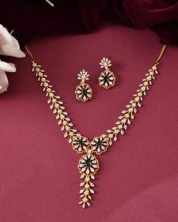 VOJ Gold Plated Lead Designed With Green Stone Ad Jewellery Set - Dista