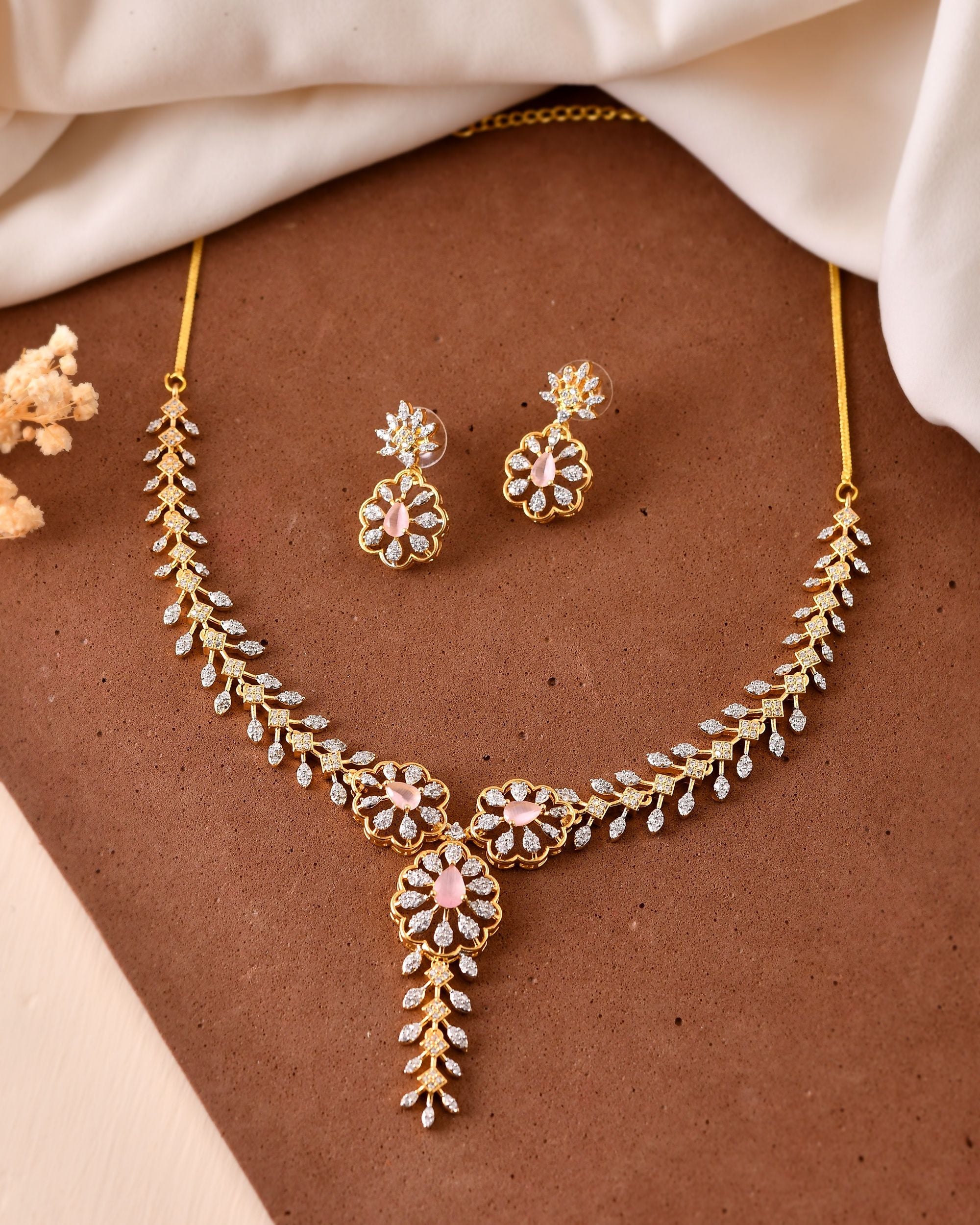 VOJ Gold Plated Lead Designed With Baby Pink Stone Ad Jewellery Set