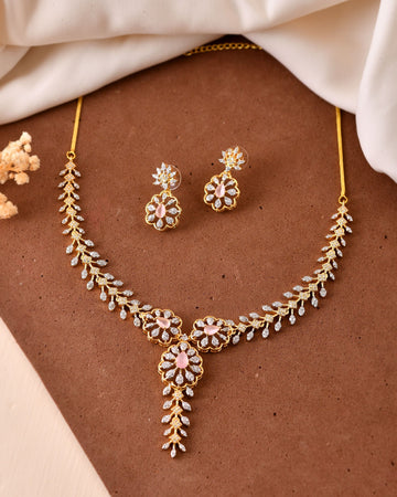 VOJ Gold Plated Lead Designed With Baby Pink Stone Ad Jewellery Set - Dista