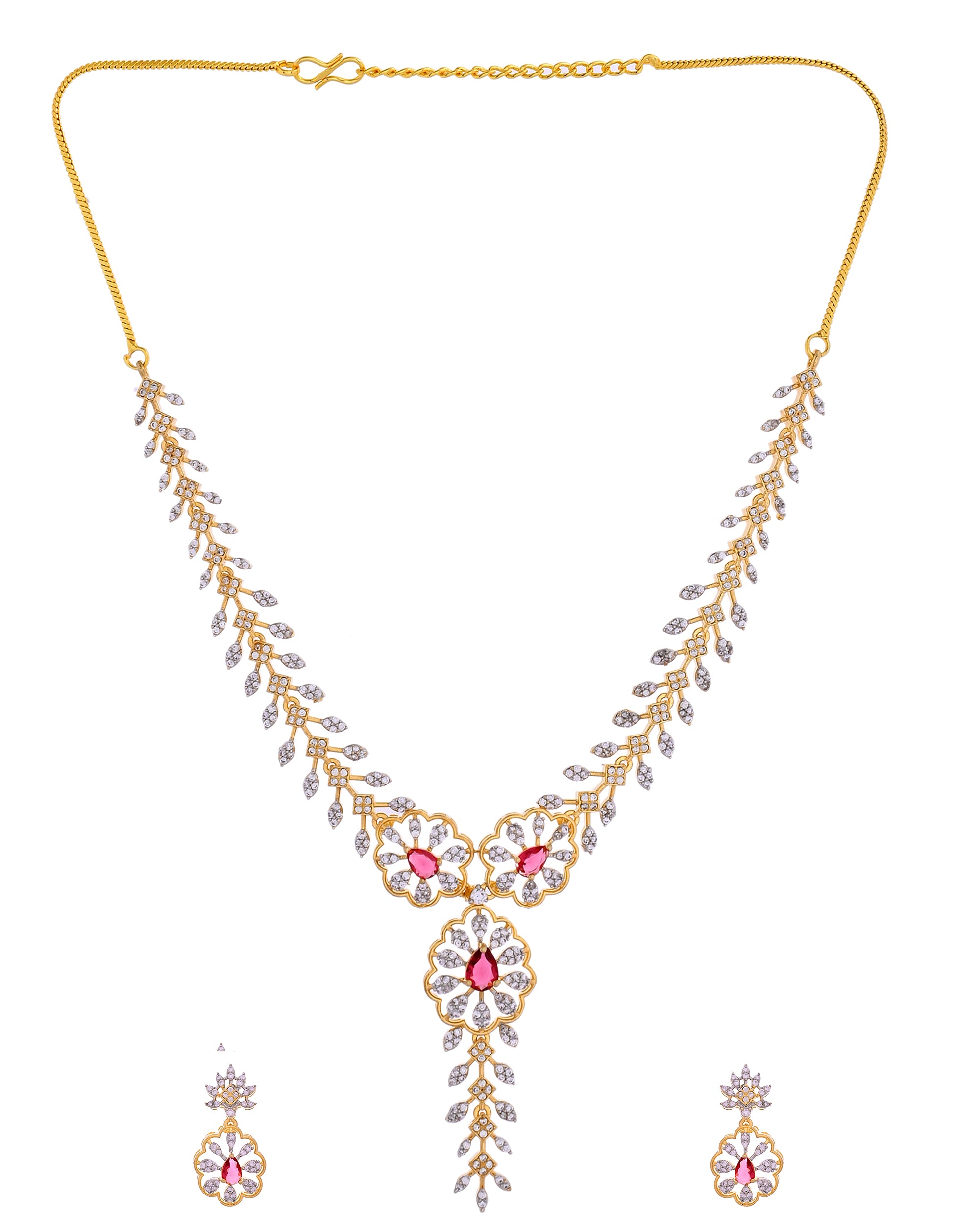 VOJ Gold Plated Lead Designed With Ruby Red Stone Ad Jewellery Set