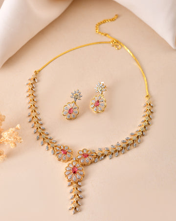 VOJ Gold Plated Lead Designed With Ruby Red Stone Ad Jewellery Set - Dista