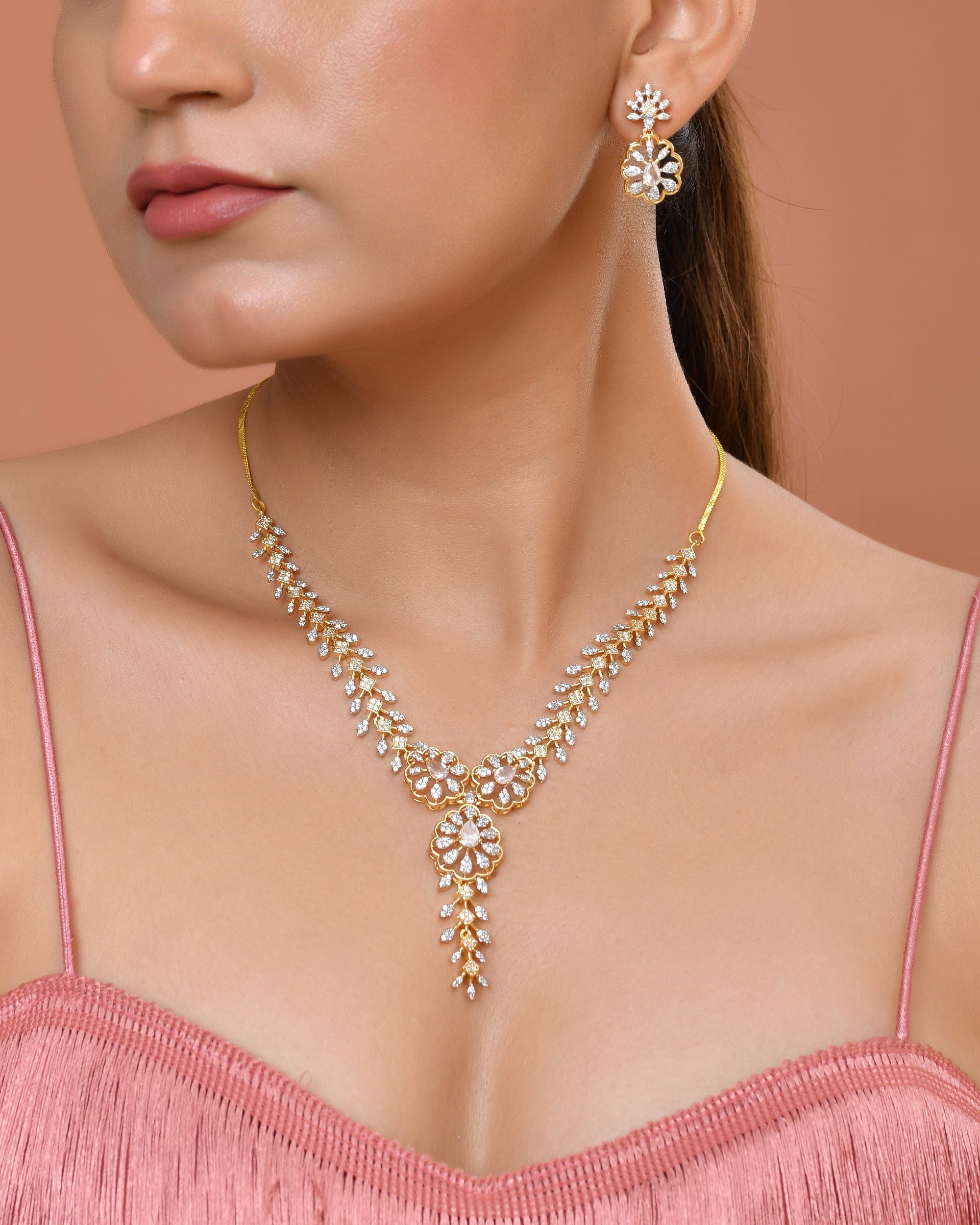 VOJ Gold Plated Lead Designed With White Stone Ad Jewellery Set - Dista