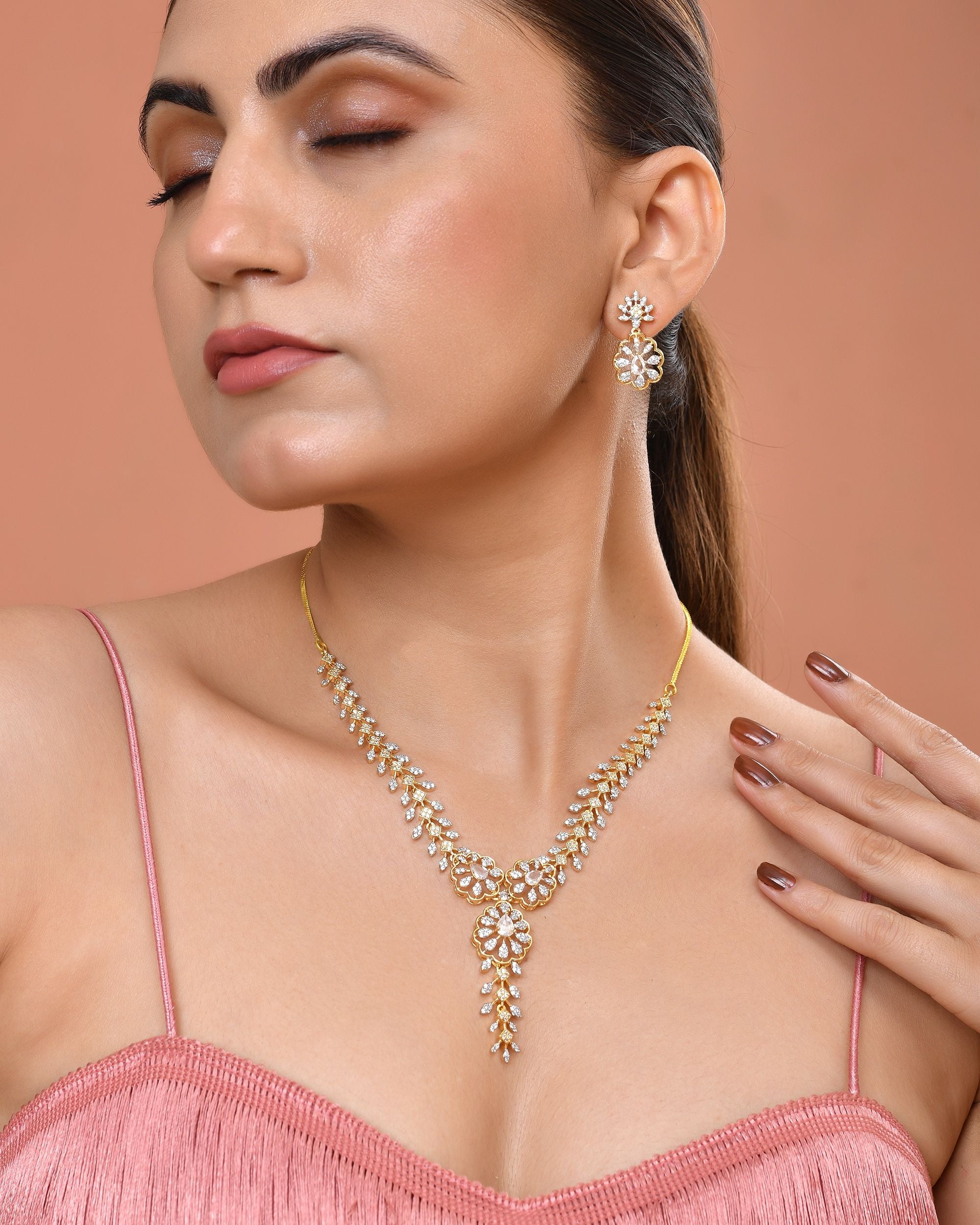 VOJ Gold Plated Lead Designed With White Stone Ad Jewellery Set - Dista