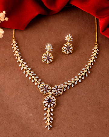 VOJ Gold Plated Lead Designed With Purple Stone Ad Jewellery Set - Dista