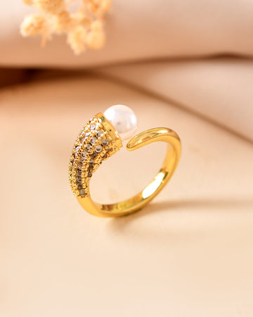 VOJ Gold Plated Anti Tarnish Pearl And Ad Stone Studded Ring For Women - Dista