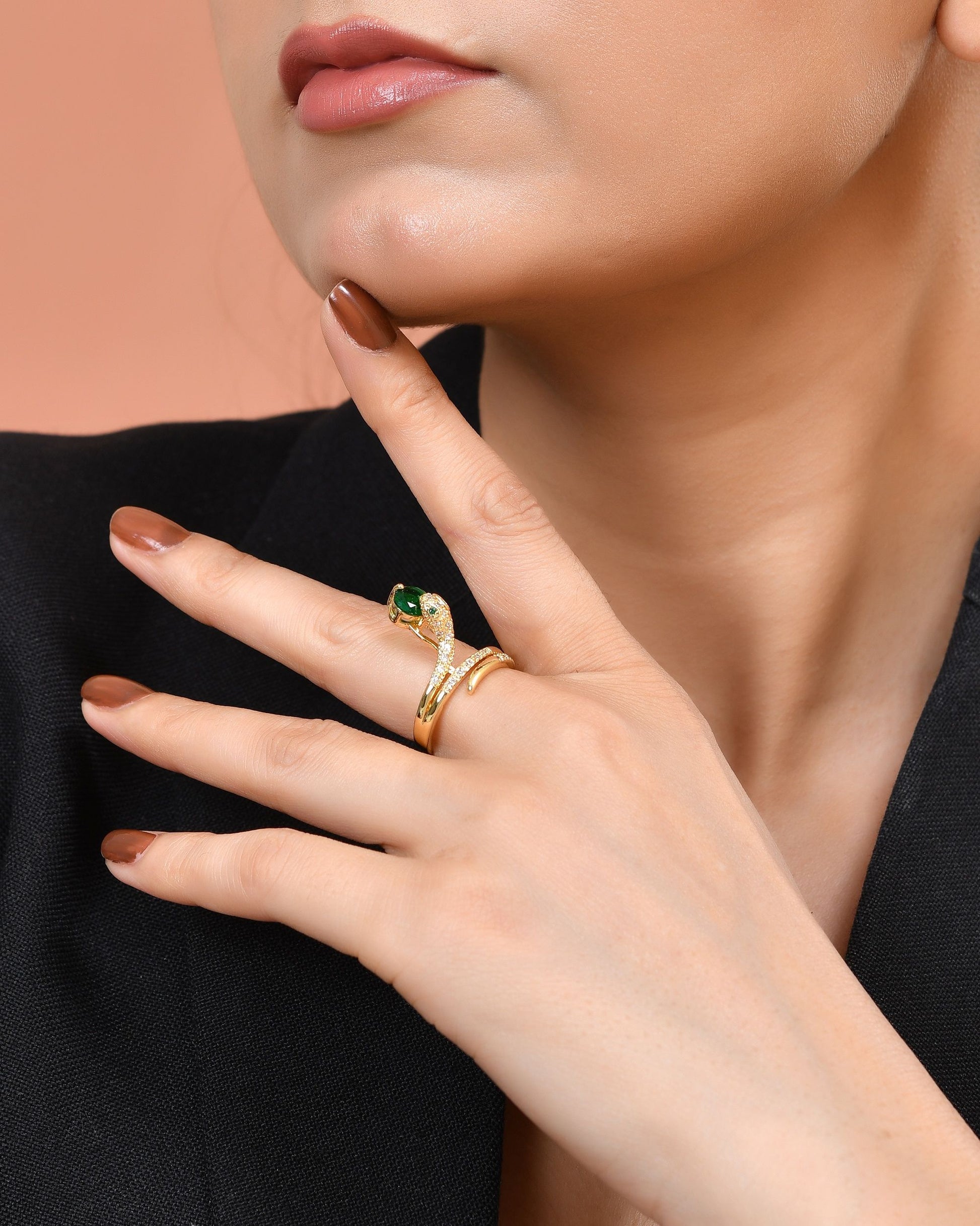 VOJ Gold Plated Snake Design Ad Ring With Green Stone - Dista