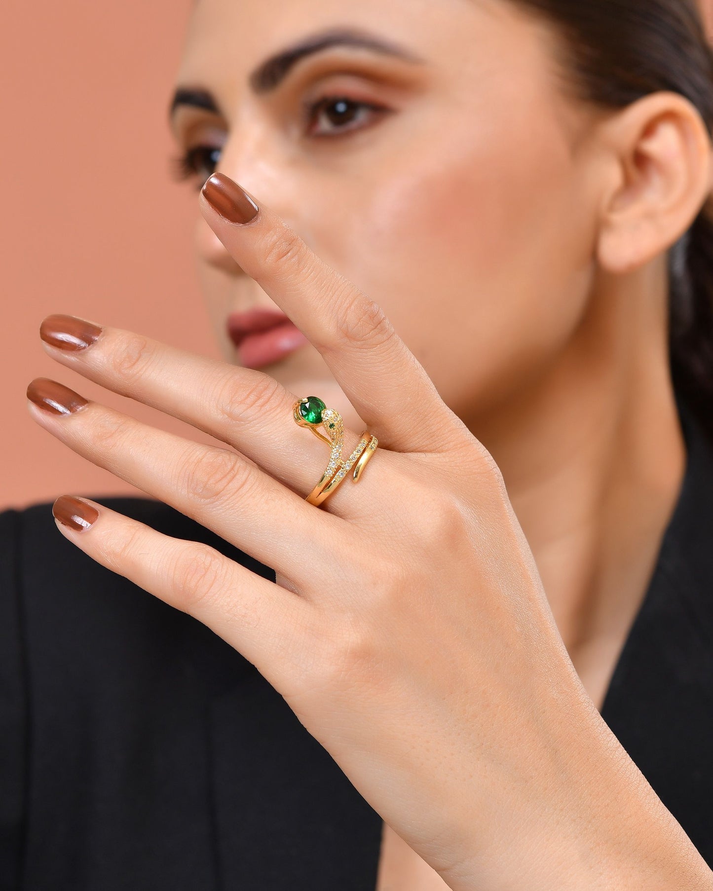 VOJ Gold Plated Snake Design Ad Ring With Green Stone - Dista
