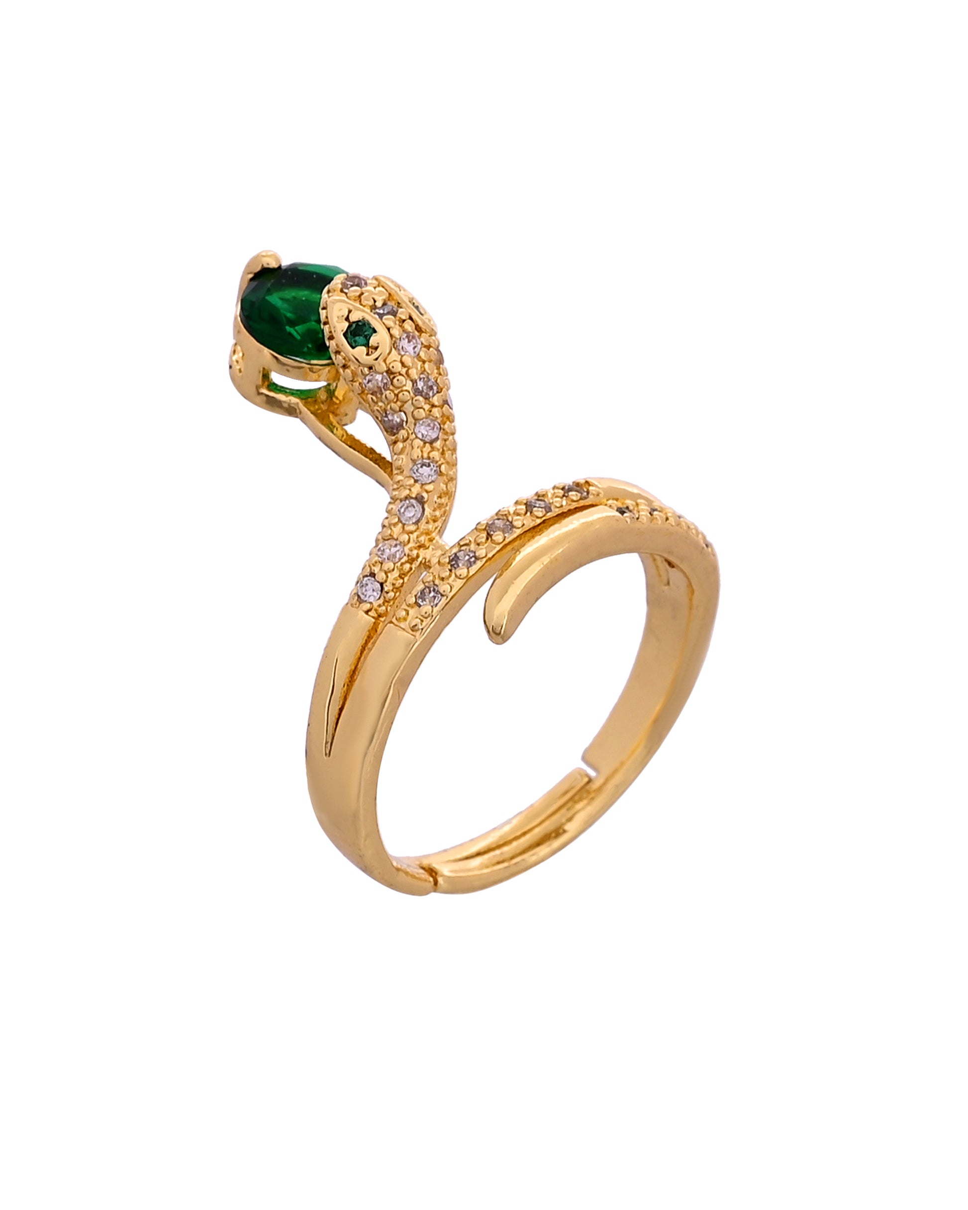 VOJ Gold Plated Snake Design Ad Ring With Green Stone - Dista